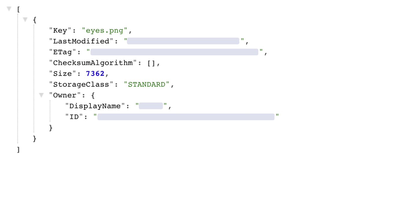 JSON list of all objects in the storage bucket